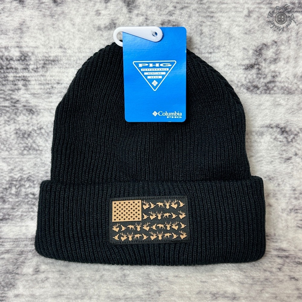 NWT Columbia‎ PHG Flag Patch Cuffed Beanie Winter Hat Black Unisex OSFA CU5725